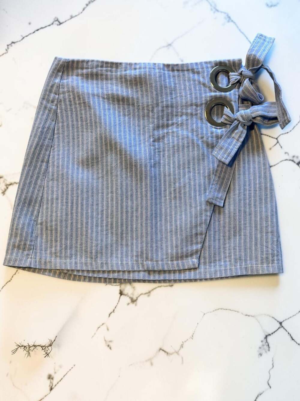 Mint Vanilla Blue and White Striped Wrap Mini Skirt with Grommets and Side Tie S